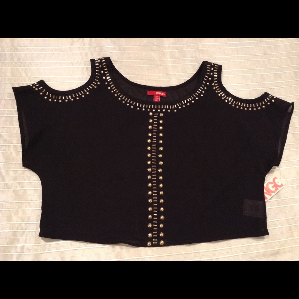 Black Sheer Gold Studded Cold Shoulder Crop Top